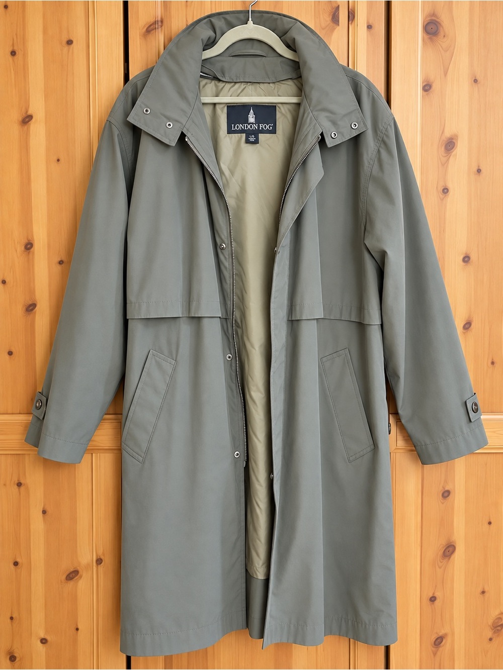 London Fog Men's Olive-Green/Grey Trench Coat with Hoodie